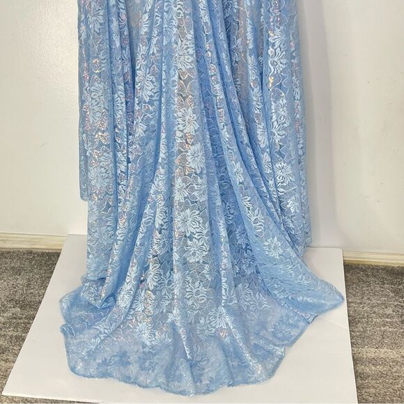 Mac Duggal 48910 One Shoulder Lace Corset Mermaid Dress, Powder Blue, Size 14 - Picture 10 of 12
